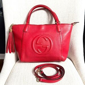 Authentic Gucci Soho Top Handle Bag red leather small tote bag tassels